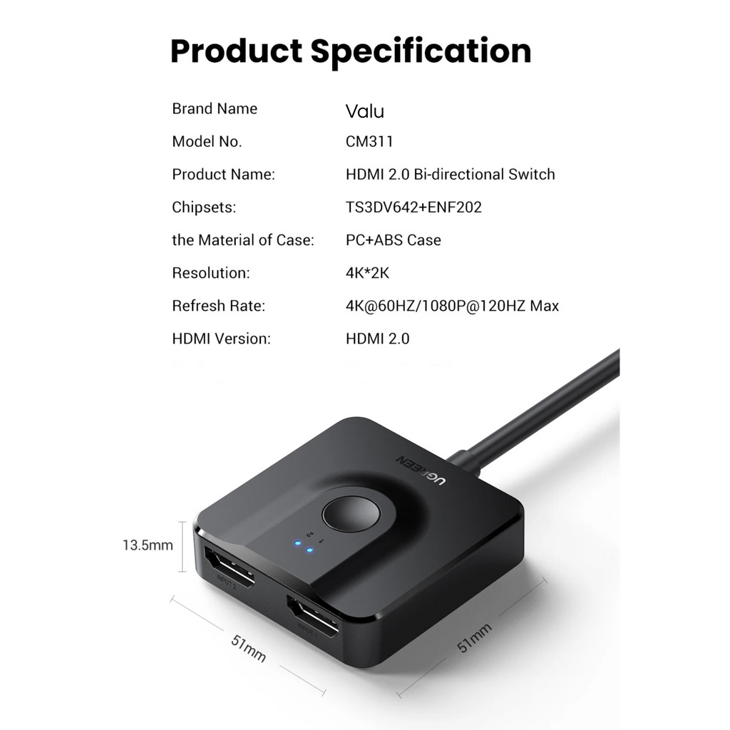 Valu HDMI Switch 4K 60Hz 2-in-1-uitgang
