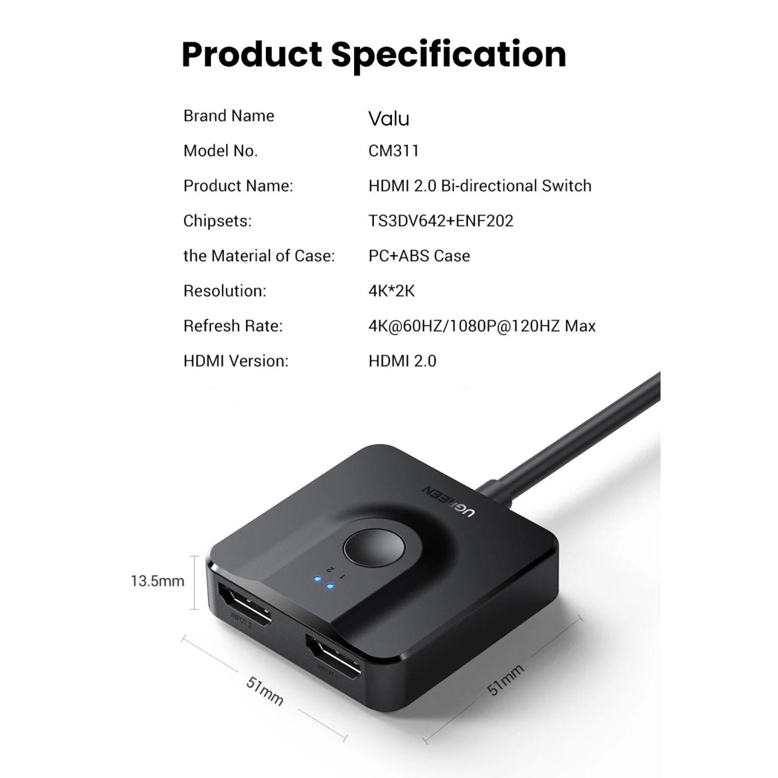 Valu HDMI Switch 4K 60Hz 2-in-1 Output